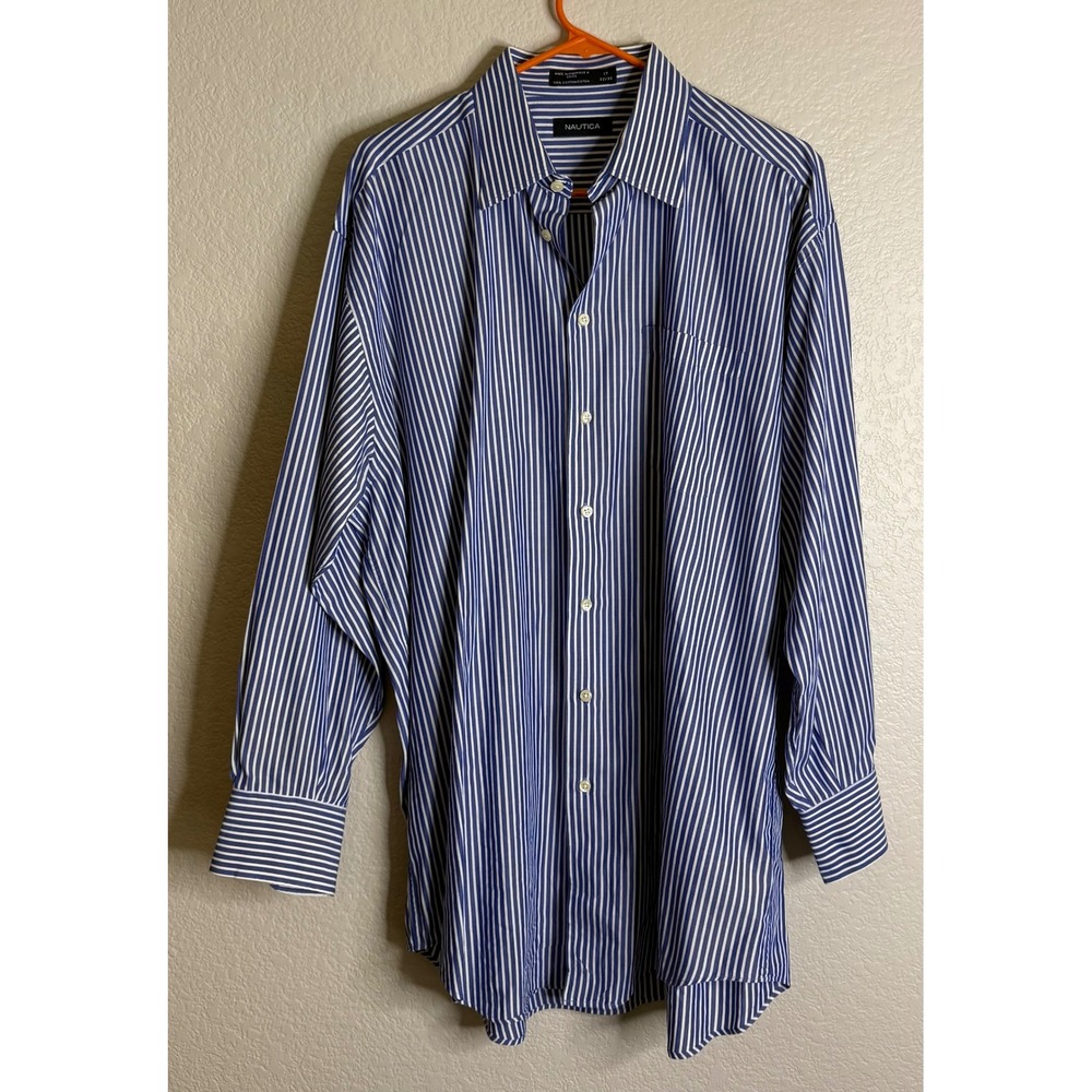 Nautica Mens 17 32/33 Button Down Shirt Blue White Striped Long Sleeve Cotton